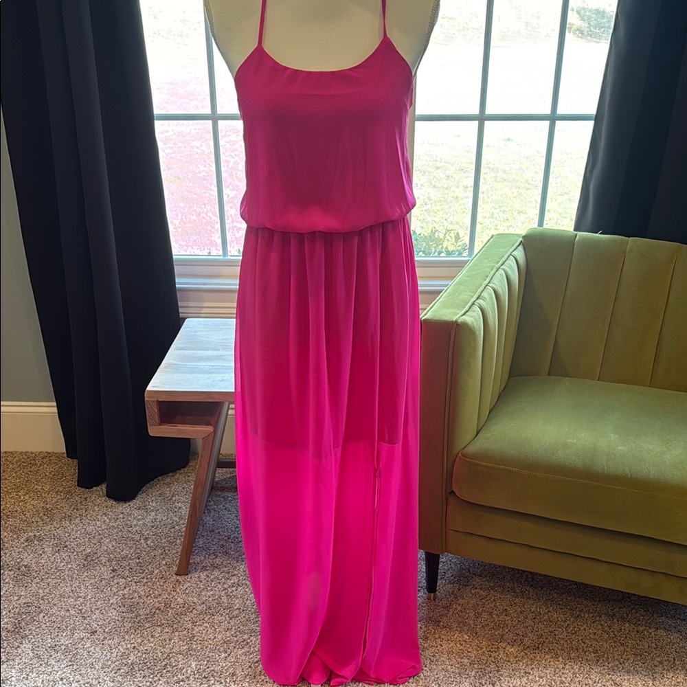 Pink Ruched Spaghetti Strap Maxi Dress
